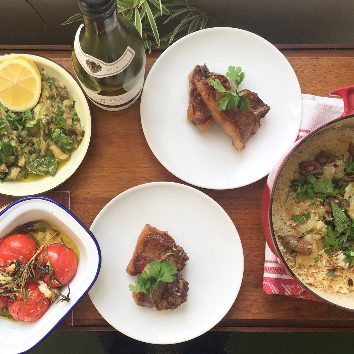 rootssupperclub's tweet photo. lamb cutlets, baba ganoush, pilaf rice and tomatoes roasted in rosemary and olive. #organic #supperclub #ramsbottom https://t.co/CzVMao2SWn