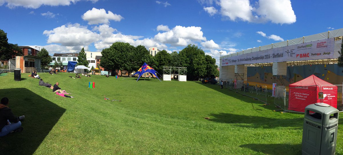 ClimbingWorks's tweet photo. The @Team_BMC BBC wall is looking good in the Friday evening Sheffield sunshine #Cliffhanger2016 #TheOutdoorCity https://t.co/odxedGwzfh