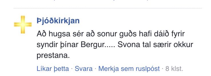 ThorirSaem's tweet photo. @BergurEbbi skrifar neglu um trolling og tilgangsleysi. Svo trollar Þjóðkirkjan í athugasemdum. What a lol. https://t.co/OT5AHvYsr4