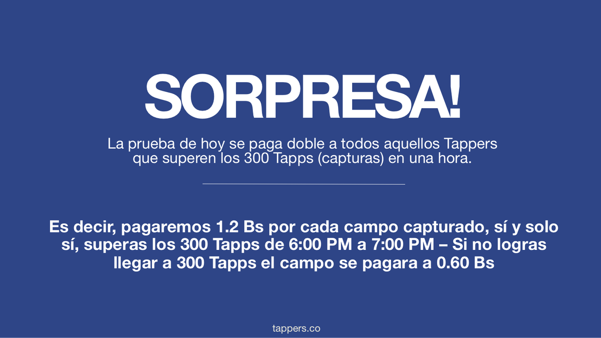 tappers_co's tweet photo. La prueba de hoy se paga doble a todos aquellos Tappers que superen los 300 Tapps (capturas) en una hora. https://t.co/cDqHrz2AoP
