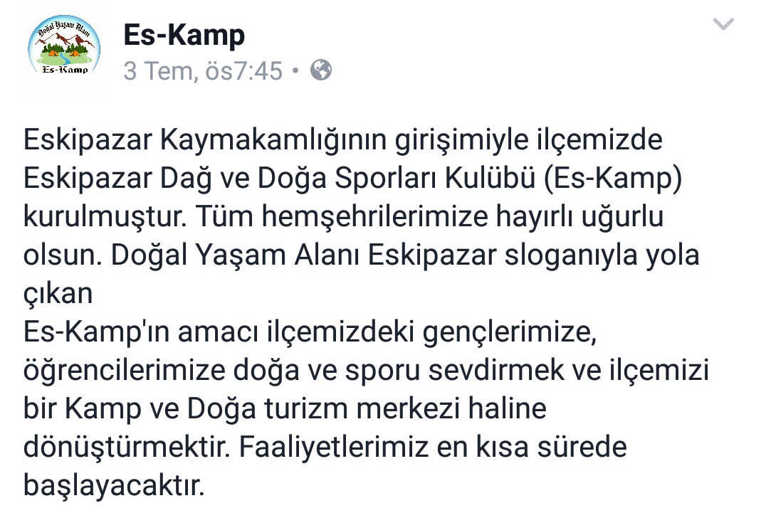 Eskipazar Kaymakamlığının girişimiyle Eskipazar Dağ v Doğa Sporları Kulübü (Es-Kamp) kuruldu. Herkese hayırlı olsun