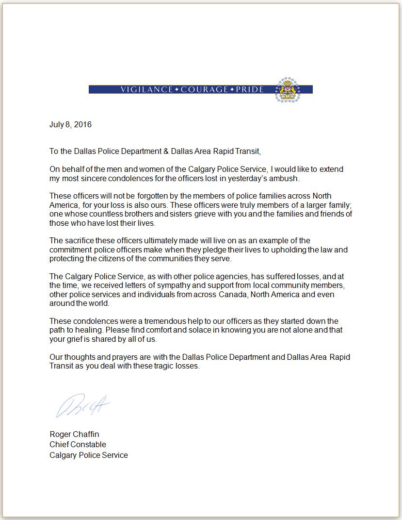 A message of condolence from Chief Constable Chaffin to all the men and women of the <a href="/DallasPD/">Dallas Police Dept</a>. #Dallas #yyc