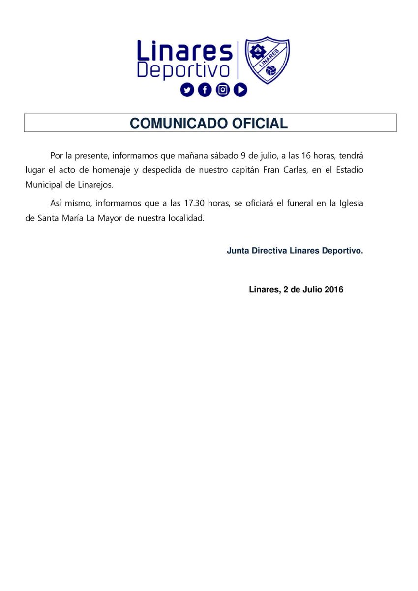 DiarioJAENes's tweet photo. Últimahora: Fran Carles recibirá mañana el último adiós de la afición @Linares_Dptvo en Linarejos a las 16 horas. https://t.co/aTQh2QBpv2