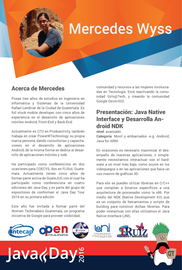 guatejug's tweet photo. Te presentamos a Mercedes Wyss expositora del #JavaDayGT2016 que hablará de "Java Native Interface y Android NDK" https://t.co/J8ep4oaRqZ