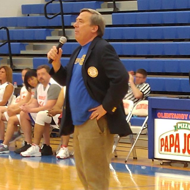 Rotarian Mark Robertson gets the party started with the Olentangy All-Stars vs Harlem Wizards