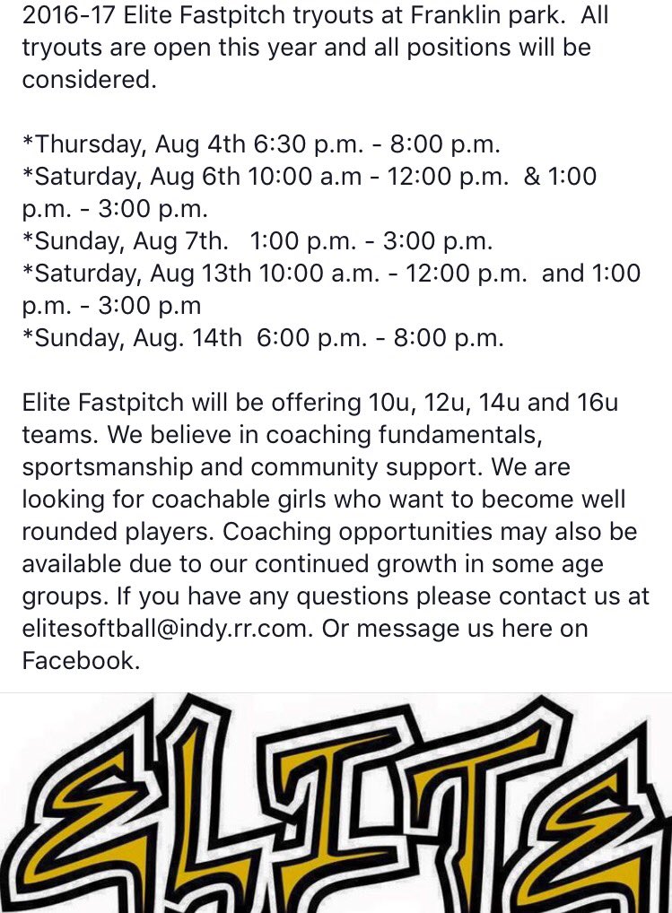 Avon_Elite's tweet photo. Elite tryout information below. Please contact us if you have any questions! Franklin Park in Plainfield. https://t.co/P5mjtKaGvP