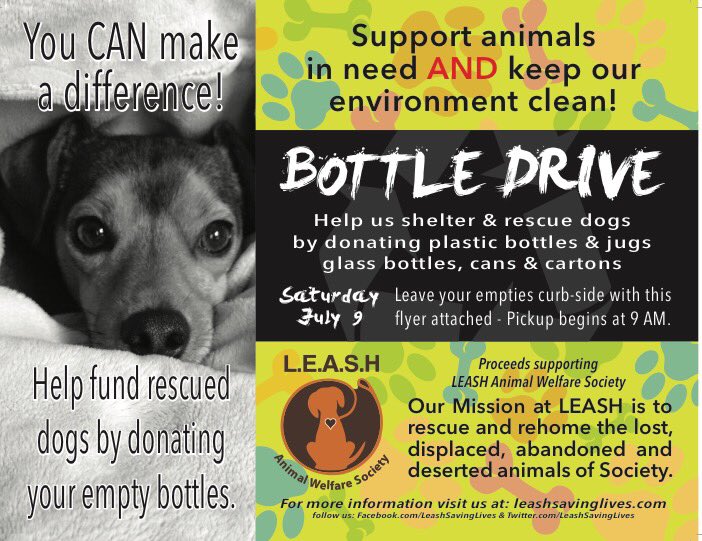 LeashSavingLive's tweet photo. Got Empties? Saturday 9-5!

LEASH will be accepting and sorting empties at Biggar Bottle Depot -2577 Kingsway Poco- https://t.co/IDGPMiF1vQ