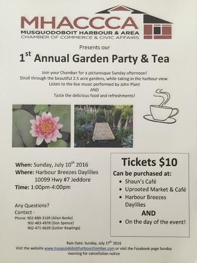 The Annual Garden Party and Tea has been postponed to the projected rain date of Sunday, July 17th 2016.