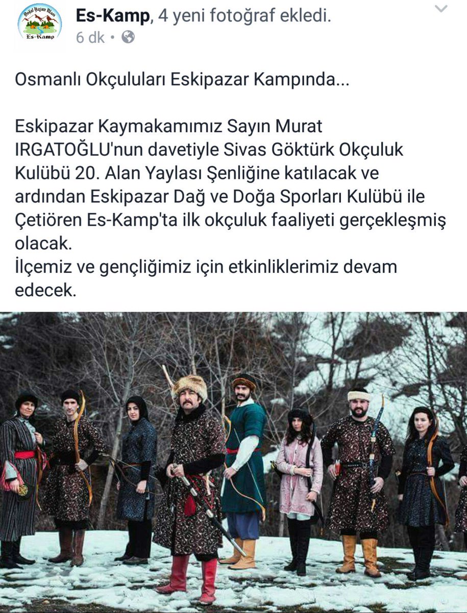 Eskipazar Kaymakamı Murat IRGATOĞLU'nun davetiyle Göktürk Okçuluk Kulübü yarın 20.Alan Yaylası Şenliği ve Es-Kampta