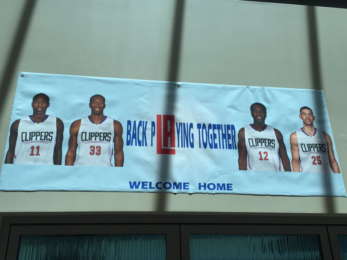 RowanKavner's tweet photo. This banner welcomed in Crawford, Johnson, Mbah a Moute and Rivers as they officially re-signed with the Clippers. https://t.co/xPEASLgfus