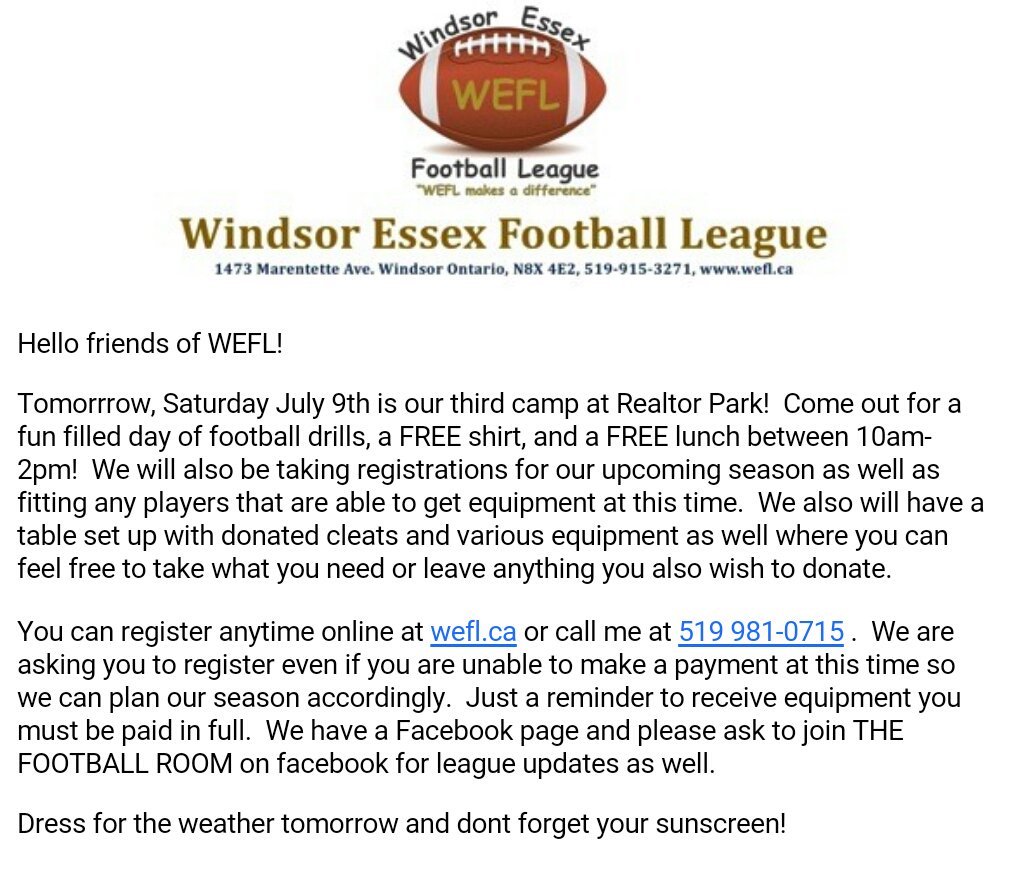 WEFL2012's tweet photo. #Windsor #Essex #Football #League #YQG #FreeCamp #Canada #WEFL Free Camp and Live Registration and Fitting https://t.co/qZNymMGo6s