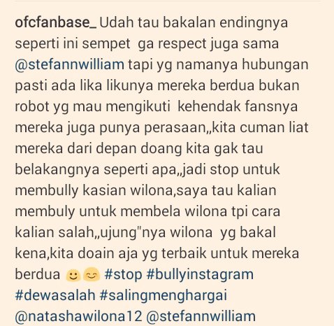 stefwillona's tweet photo. Stop bully  guys,,fans yg baik mendoakan mereka berdua jadilah fans yg bijak @15natashawilona @steff_william https://t.co/hcgRRCqd9Y