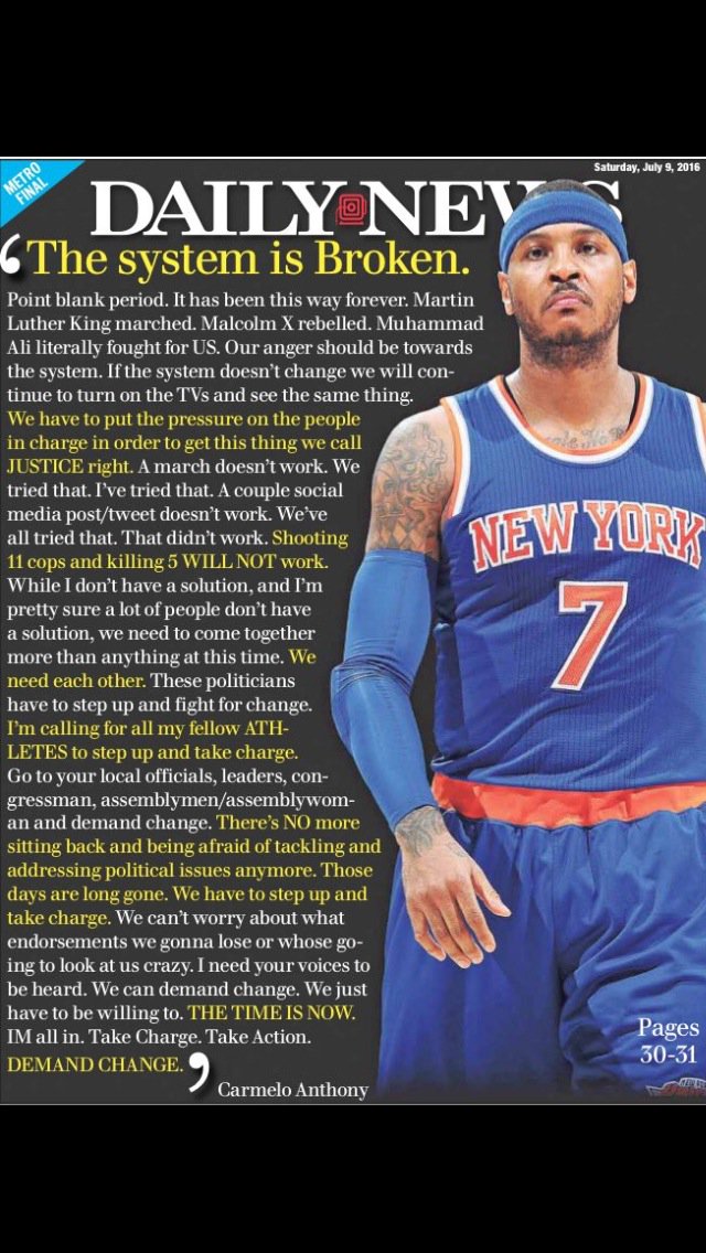 TheFrankIsola's tweet photo. Carmelo is once again on the back page of the New York Daily News. But he's never sounded this powerful before. https://t.co/EDD7g7hzcS