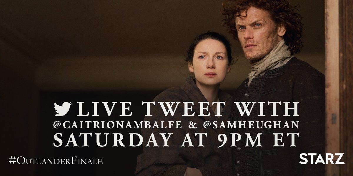 Outlander_STARZ's tweet photo. Follow @caitrionambalfe and @samheughan this Saturday to see what they have to say about the #OutlanderFinale! https://t.co/a781VXWAvf