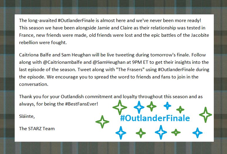 Outlander Joanne (@joanapolis) on Twitter photo Hashtag Alert from for this Saturday's Finale!
> Pls RT! <
#Outlander <a href="/SamHeughan/">Sam Heughan</a> <a href="/Writer_DG/">Diana Gabaldon</a> <a href="/caitrionambalfe/">Caitrรญona Balfe</a> Hashtag Alert from for this Saturday's Finale!
> Pls RT! <
#Outlander <a href="/SamHeughan/">Sam Heughan</a> <a href="/Writer_DG/">Diana Gabaldon</a> <a href="/caitrionambalfe/">Caitrรญona Balfe</a>