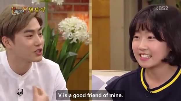 BaeBae_Suzy's tweet photo. hwan hee: i like v and jimin oppa
suho: v is a good friend of mine

Go suho! 😂😂😂 https://t.co/jaNzT9Dn9P