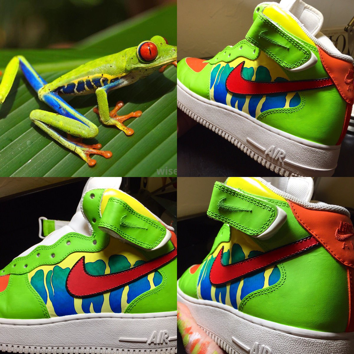 MissViolateher's tweet photo. Sneak peek of the 1st edition Frog Forces. Inspired by the awesome red eyed tree frog 🐸 #7Mary #customshoes https://t.co/KiNsSu8zIQ