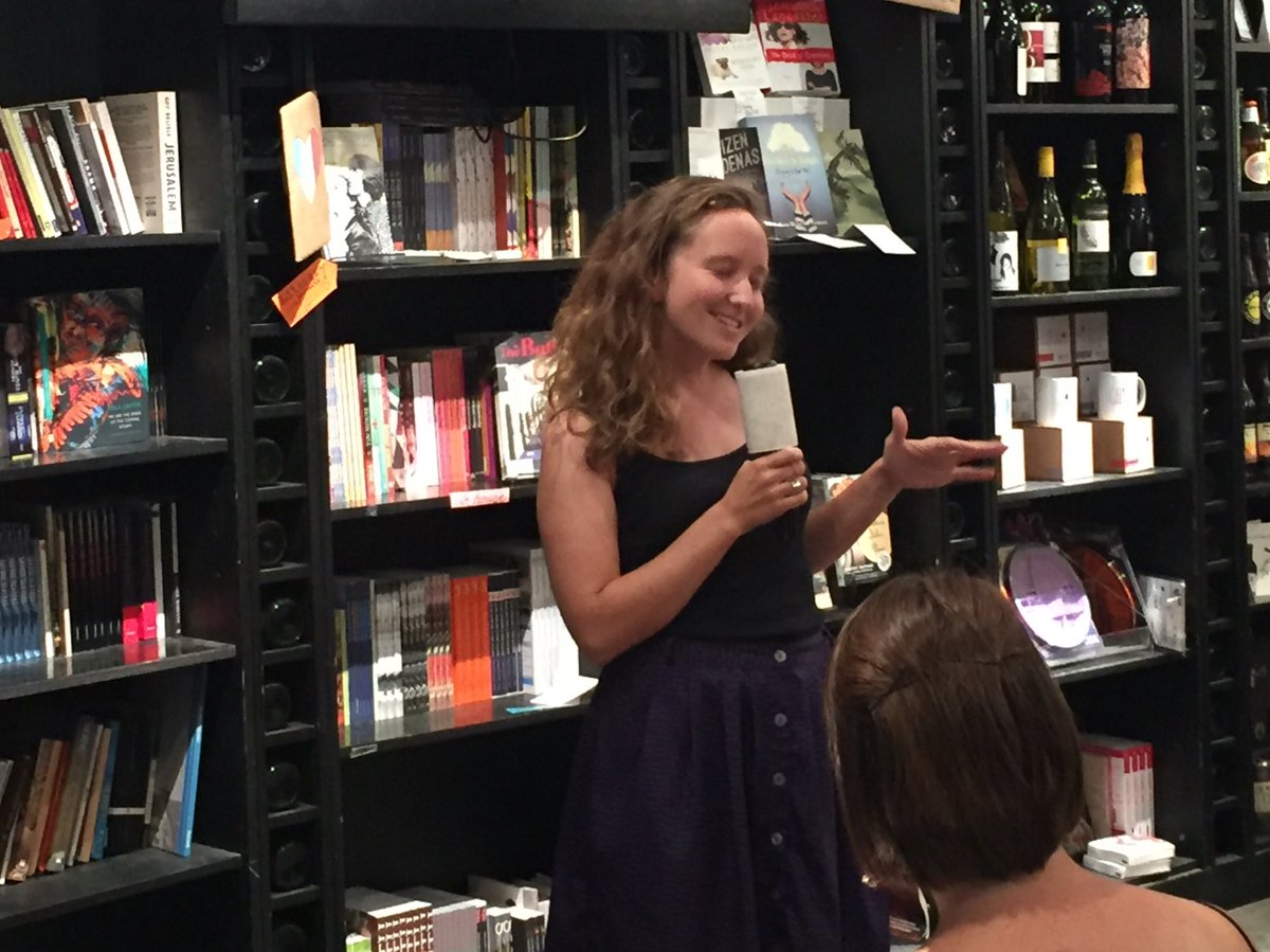 thekatescomedy's tweet image. .@CWoots89, @FemComique student making with the jokes on her home "mic" at @BookCellar #FirsTimeKate