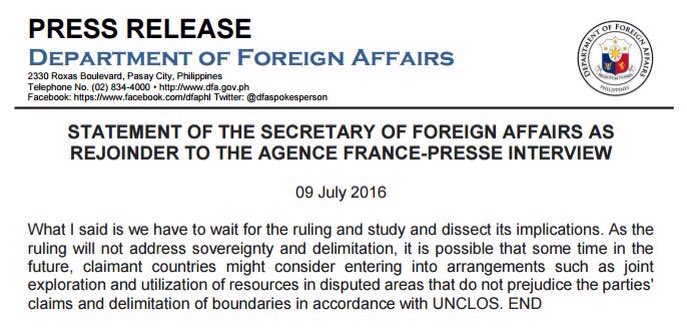 wawam's tweet image. at times DFA issues statements to "clarify" what national leaders say. here DFA issues a statement for its own chief