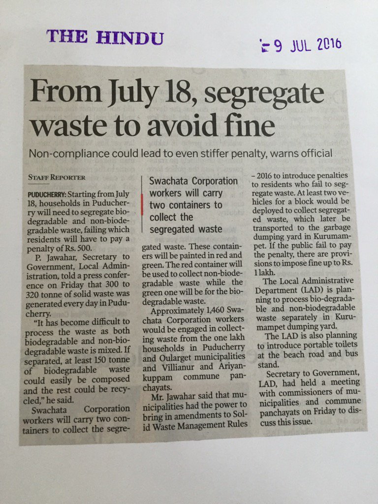 thekiranbedi's tweet photo. From July 19th systems will be initiated to take #Puducherry towards #swatchbharat @secymdws @PMOIndia @TheHindu https://t.co/0yEOZsNhWD