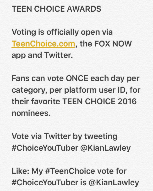 KianLawleyTeam's tweet image. VOTE: My #TeenChoice vote for #ChoiceYouTuber is @KianLawley