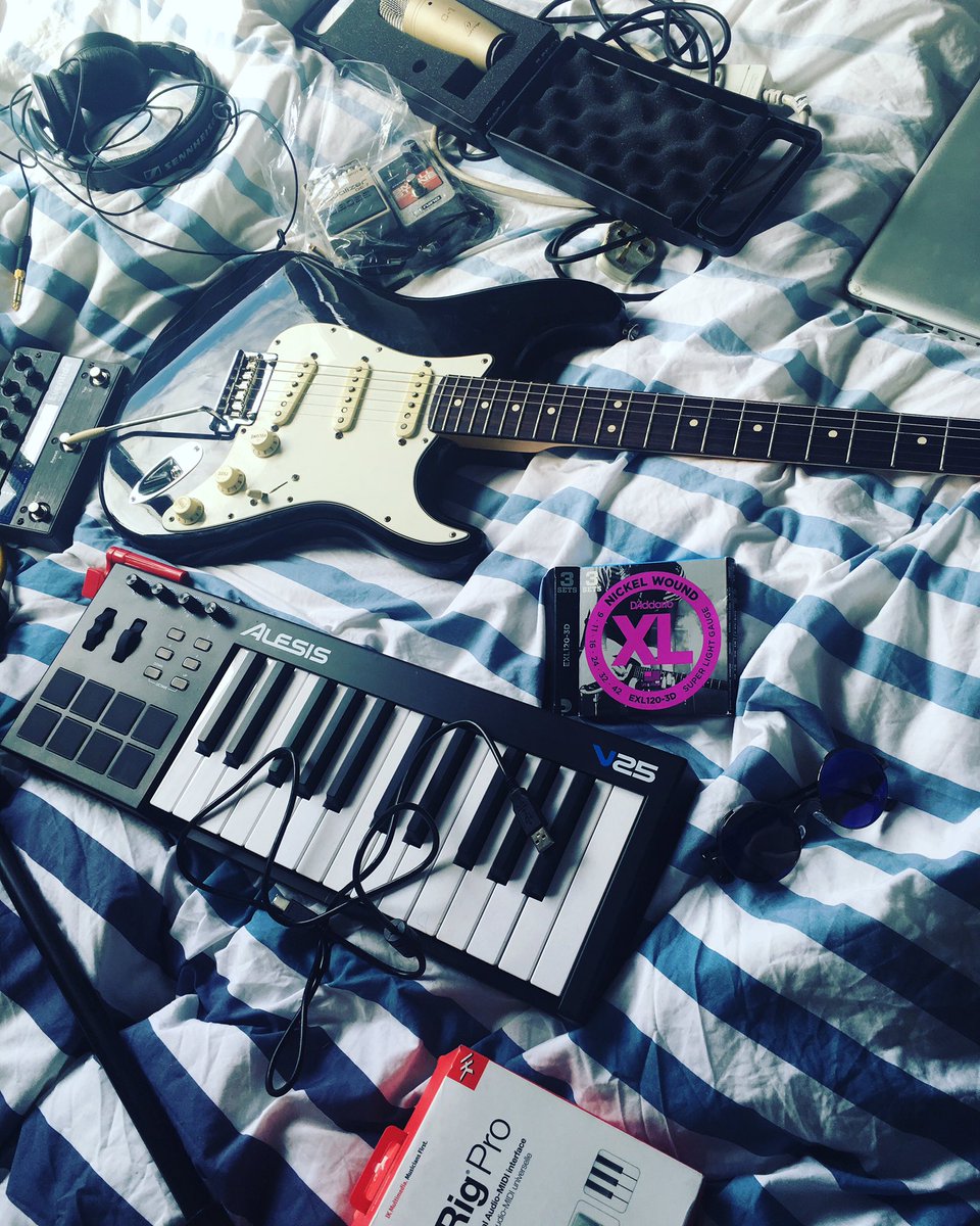 Home studio explosion using: #alesisv25 #irigpro #sennheiserhd205 #logicprox10 #fenderstratocaster