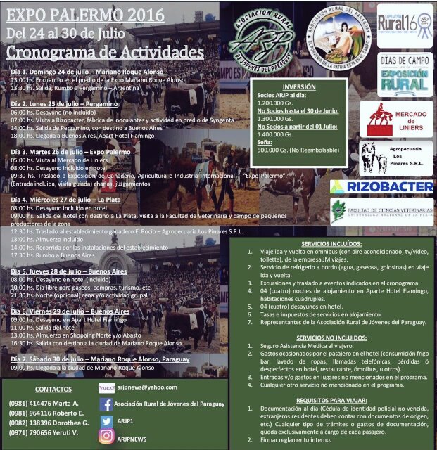 ARJP1's tweet photo. Expo Palermo 2.016 Organiza la #ARJP con el apoyo de la Asociación Rural Del Paraguay  #ARP , del 24 al 30 de julio. https://t.co/YZGCGhp0xb