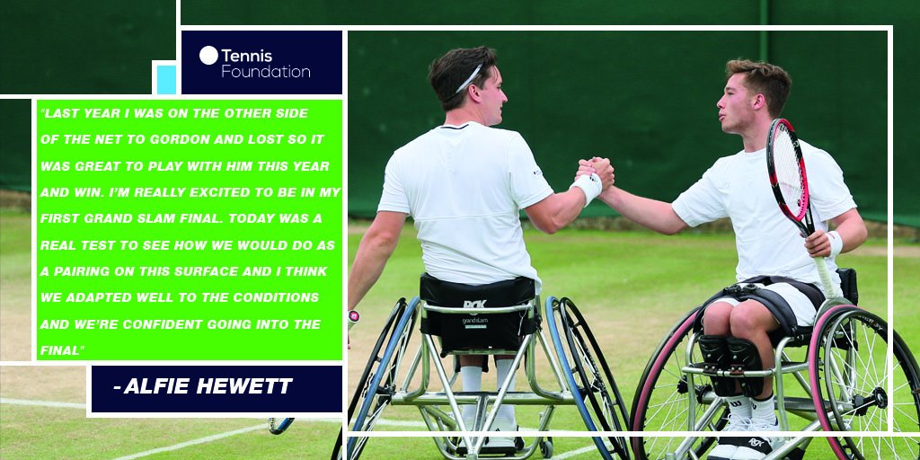 TennisFndation's tweet photo. With the #WimbledonWheelchair doubles final on @bbc 2 at 11am hear Alfie's reaction yesterday following thier SF win https://t.co/CSB5xCstJX