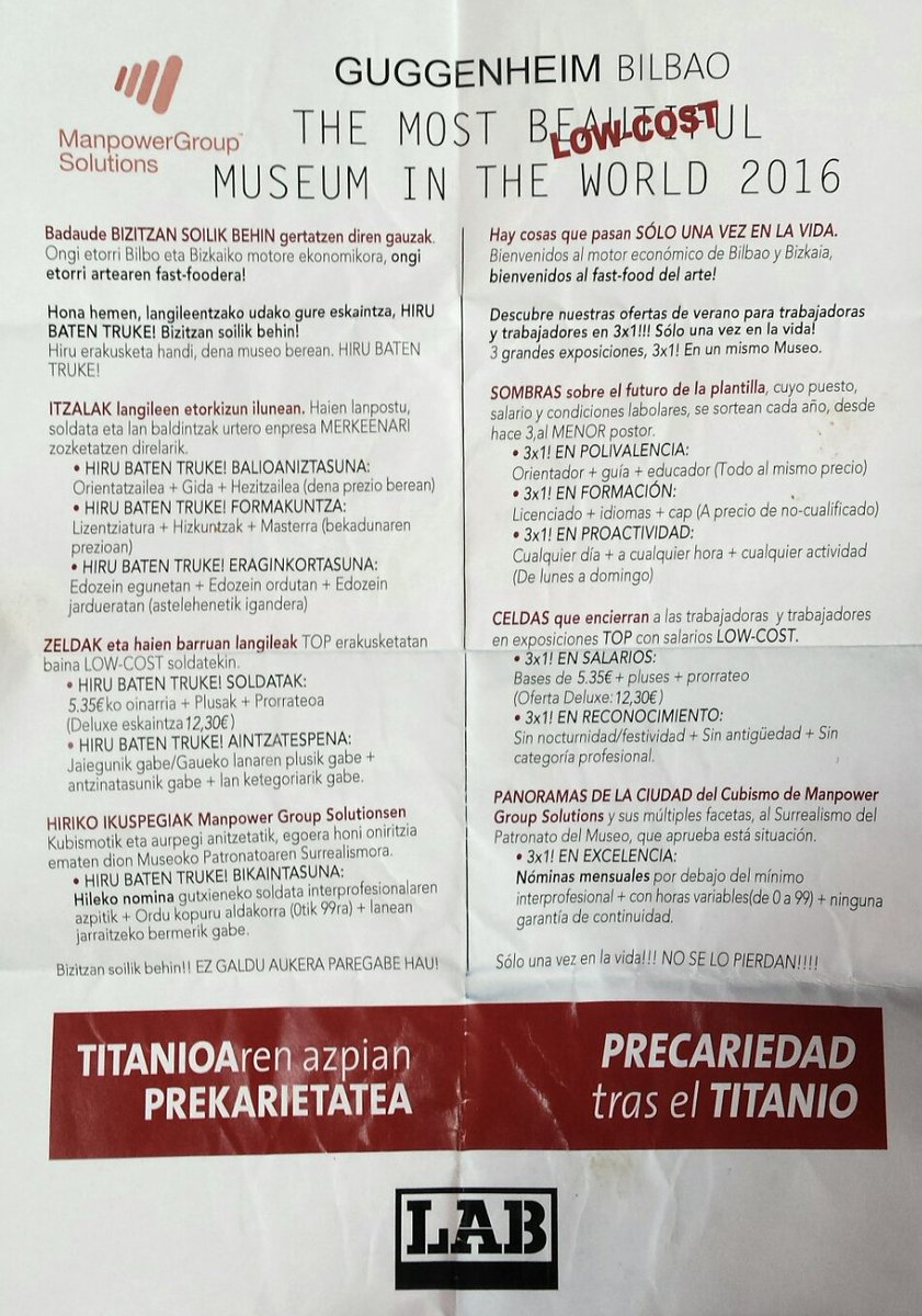 Ricardo_AMASTE's tweet photo. Capitalismo cultural lowcost. La lucha por #stopprecariedad se extiende del @museo_bilbao al @MuseoGuggenheim https://t.co/ezPnMicomV