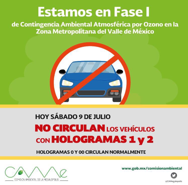 CAMegalopolis's tweet photo. ¡Buenos días! Estamos en #Fase1 de #ContingenciaAmbiental hoy sábado no circulan los vehículos con hologramas 1 y 2. https://t.co/PhNqVZj4JK