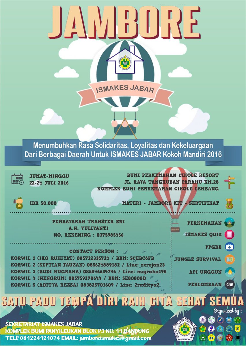 JAMBORE ISMAKES JABAR 2016!!!
Kegiatan tahunan kita balik lagi 😱
Detail info, hubungi CP sesuai Korwil-nya yaa 😆