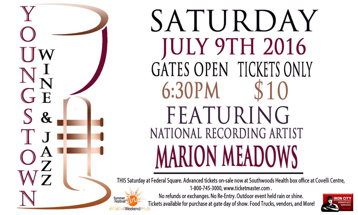 CovelliCentre1's tweet photo. TONIGHT at Federal Square: Ytown Wine &amp; Jazz fest. Gates open at 6:30PM ft The Nathan James Review &amp; Marion Meadows! https://t.co/x6LoDmoQnK