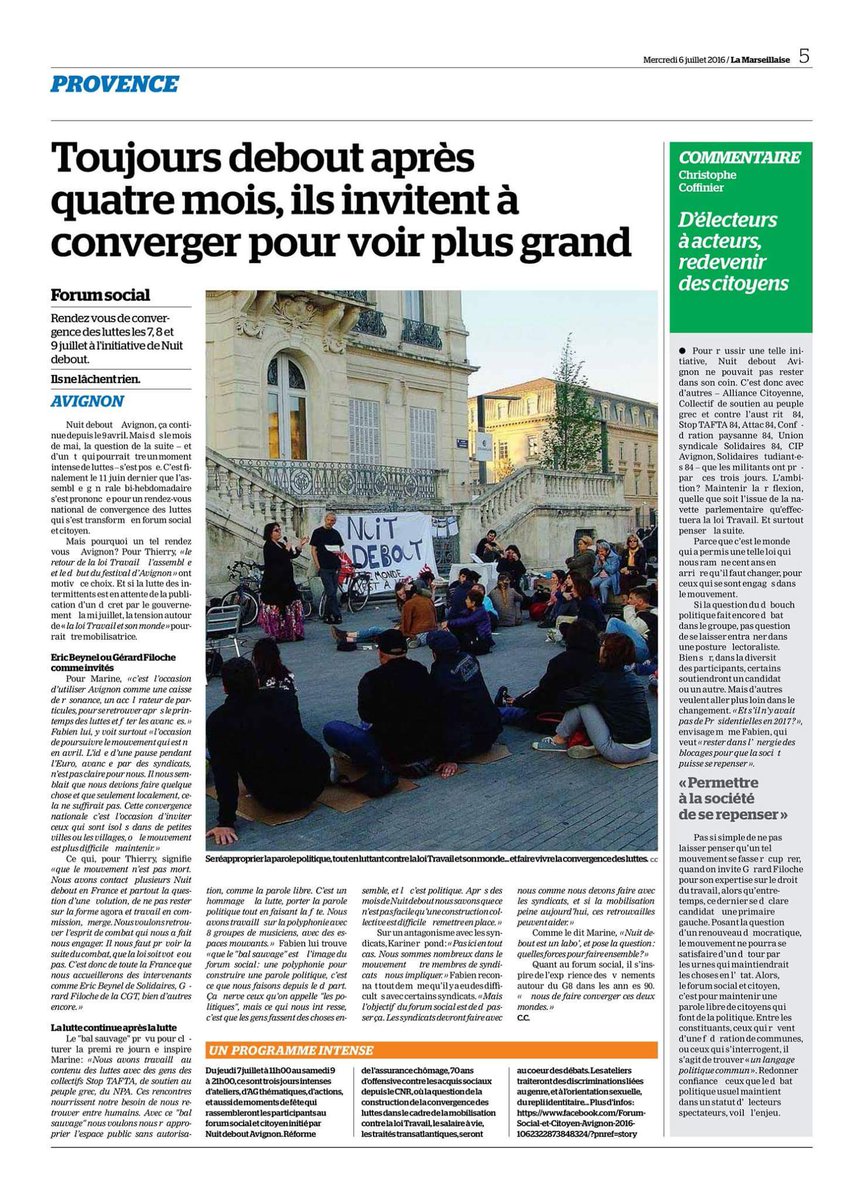 ForumSocCitoyen's tweet photo. Voici l'article de @lamarsweb sur le #ForumSocialCitoyen en #Avignon 
#toujoursdebout ! 😉 https://t.co/gygIHuRNEV