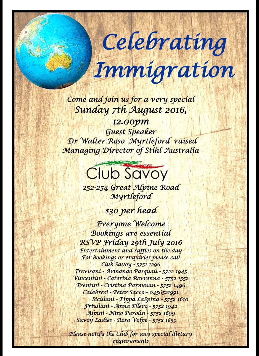 NEMulticultural's tweet photo. Contact #ClubSavoy in #Myrtleford #AlpineShire to book for this 'Celebrating #Immigration ' event https://t.co/0Uh5M2oEVc