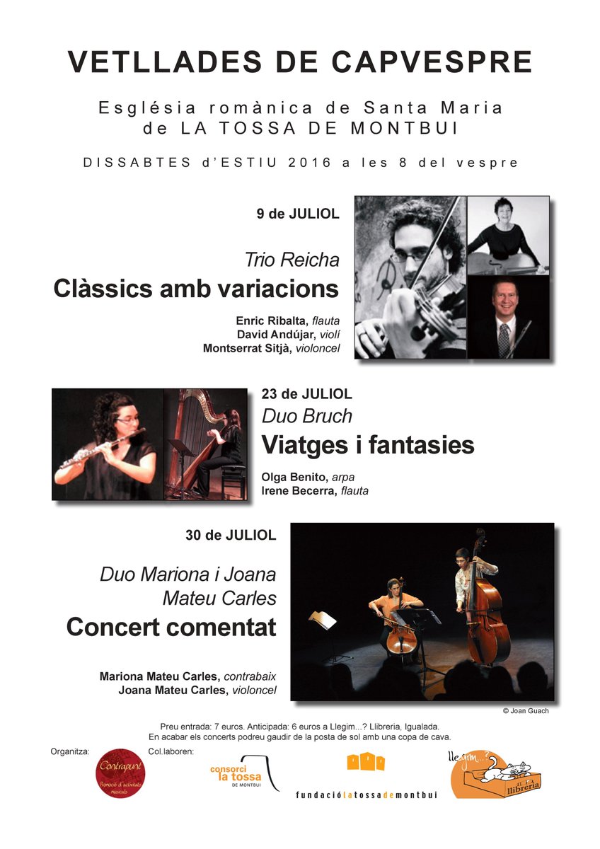 Contrapuntem's tweet photo. Avui 20h > 1r Concert del Cicle Vetllades de Capvespre: Trio Reicha! Església de @tossademontbui. #musica #classica https://t.co/aV5hzx0Lg5