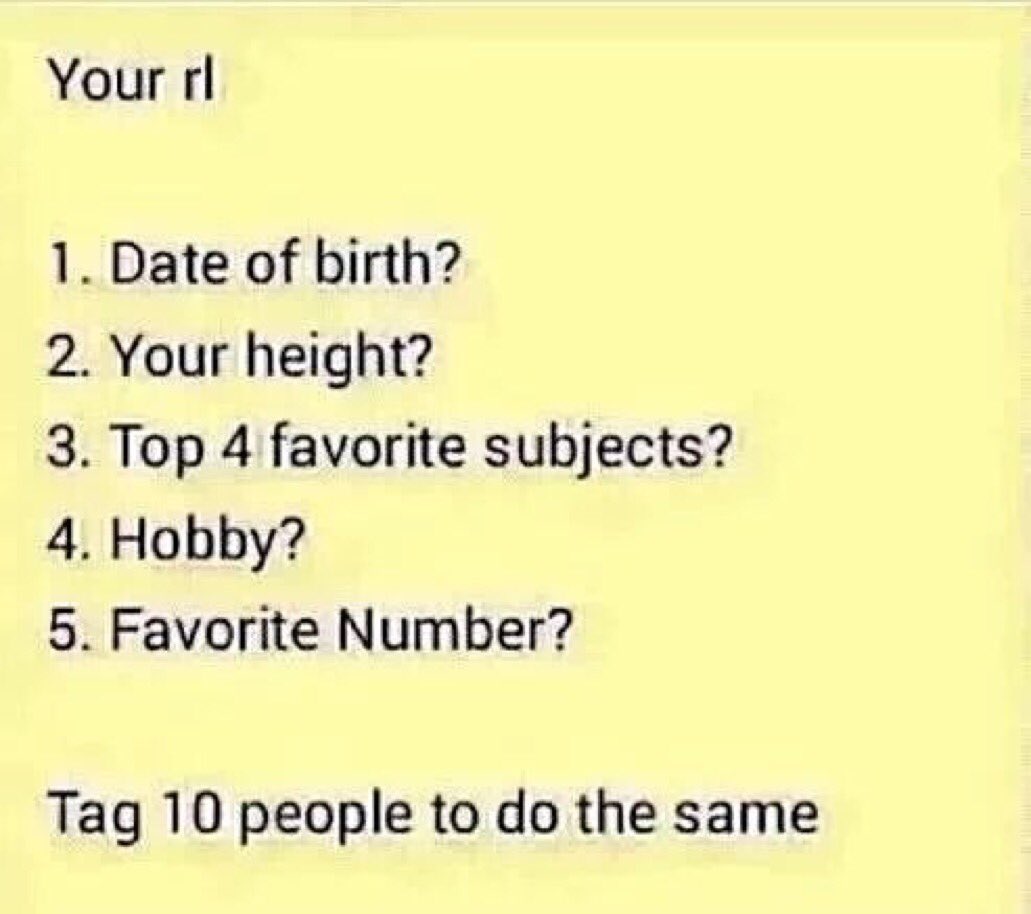 tagged by @DeerLuhana 

1.  19 Mei xxx1
2. 177cm
3. B.Inggris,B.indo,Biologi,Fisika
4. Dancing
5. 7 dan 9