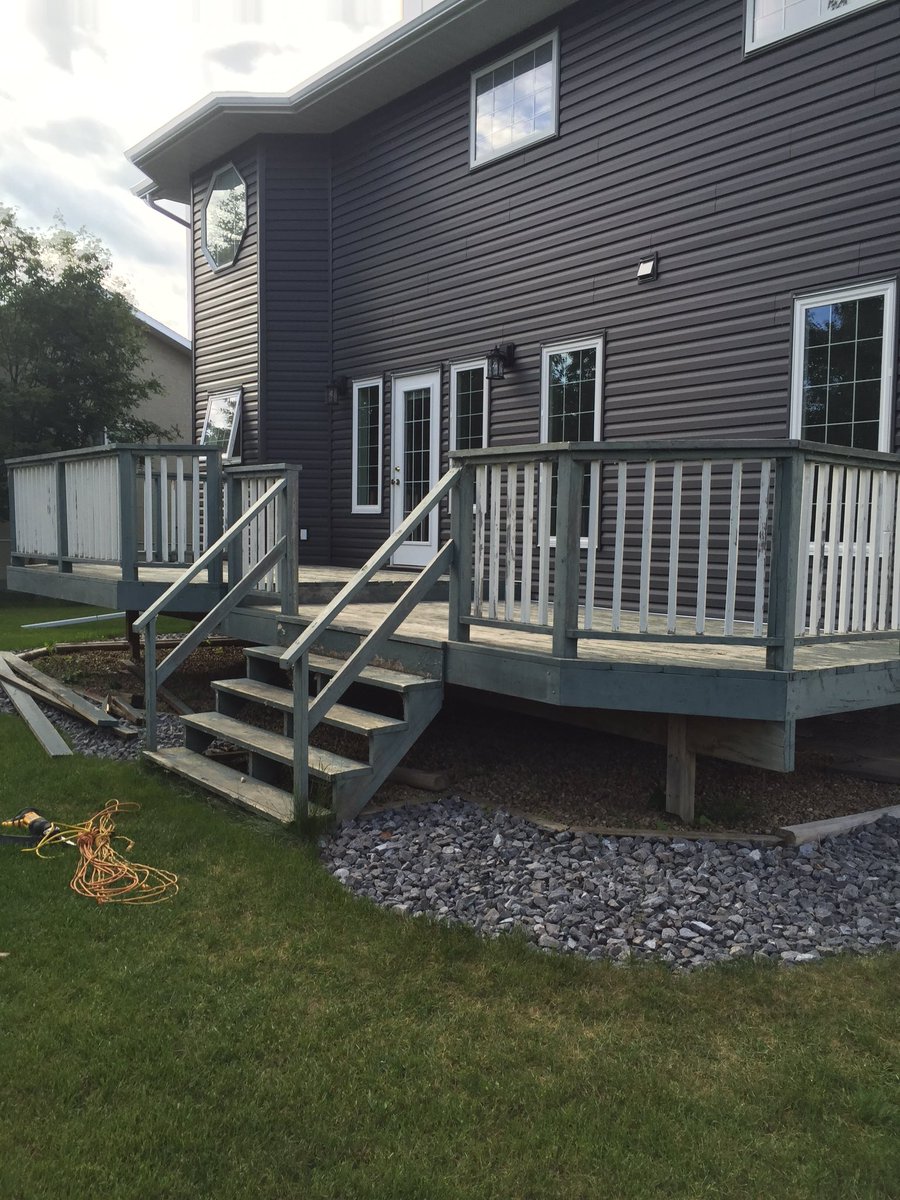 Before and after! A complete make over with <a href="/Trex_Company/">Trex Company</a> #islandmist decking skirting &amp;classic white rail #Lacombe