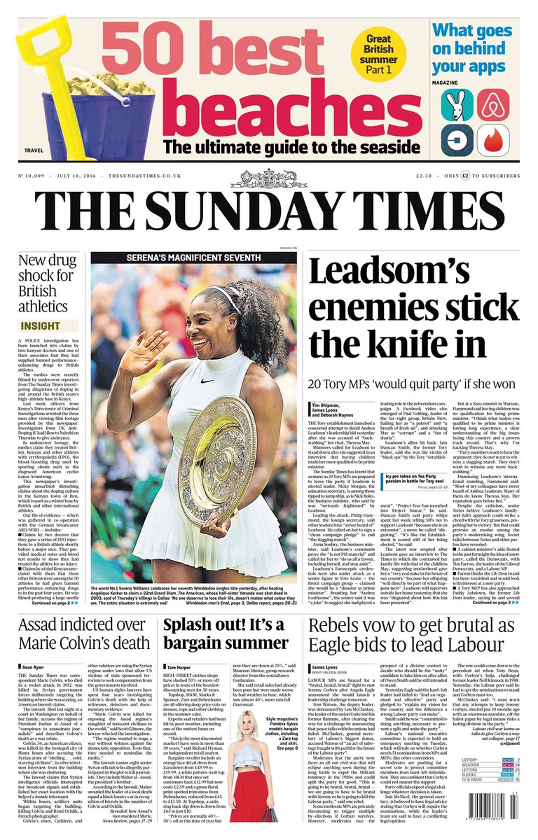 Sunday times front page: leadsom’s enemies stick the knife ...