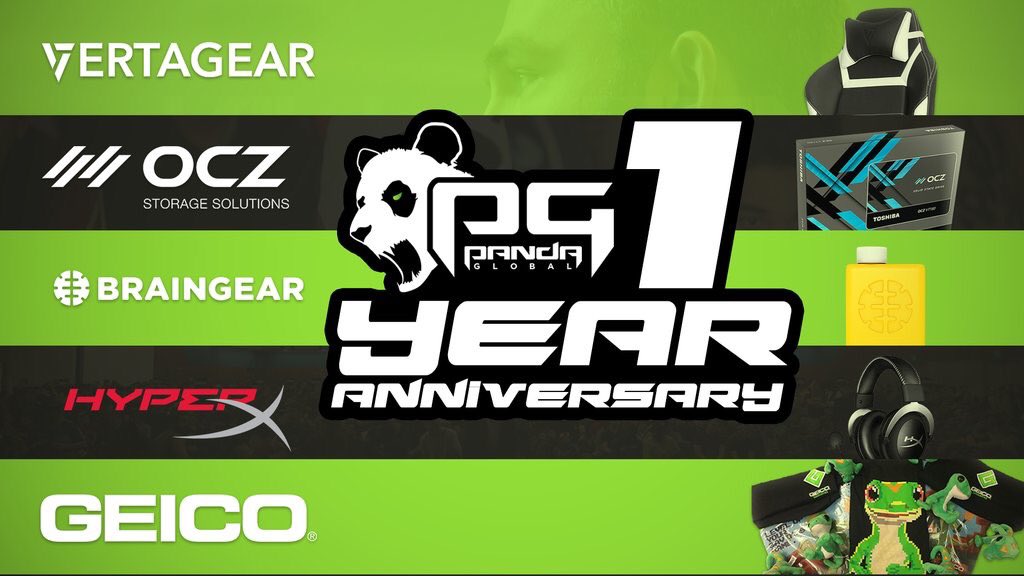 PandaGlobal's tweet photo. 1 year giveaway! Win a chair, solid state drive, Cloud II headset, or GEICO gear! RT+Click

https://t.co/5gSN2m7WAl https://t.co/YSnDSpQs7W
