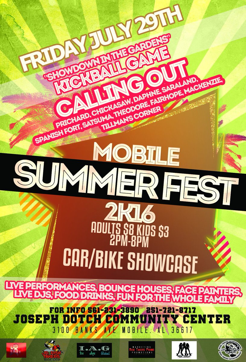 RiskTakersPromo's tweet photo. #Summerfest 2k16
#Mobile #Alabama
#July29th
@Trinity Gardens Park
#AllLivesMatter
#CumOutAndSupport
#HandsUp https://t.co/s9bbnmvkis