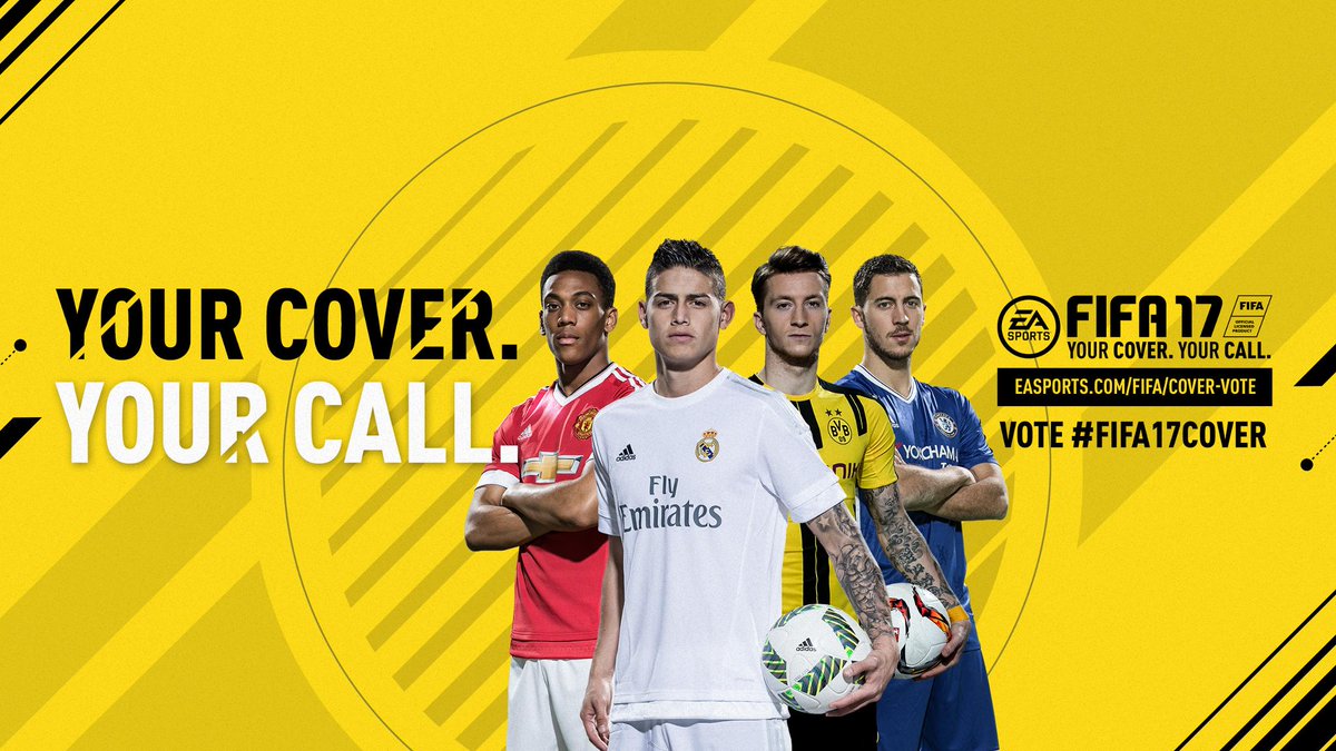 EASPORTSFC's tweet photo. Vote Now! @jamesdrodriguez, @AnthonyMartial, @woodyinho, @hazardeden10 #FIFA17COVER https://t.co/J0k4Ufzy1n https://t.co/FzZ5XST2t2