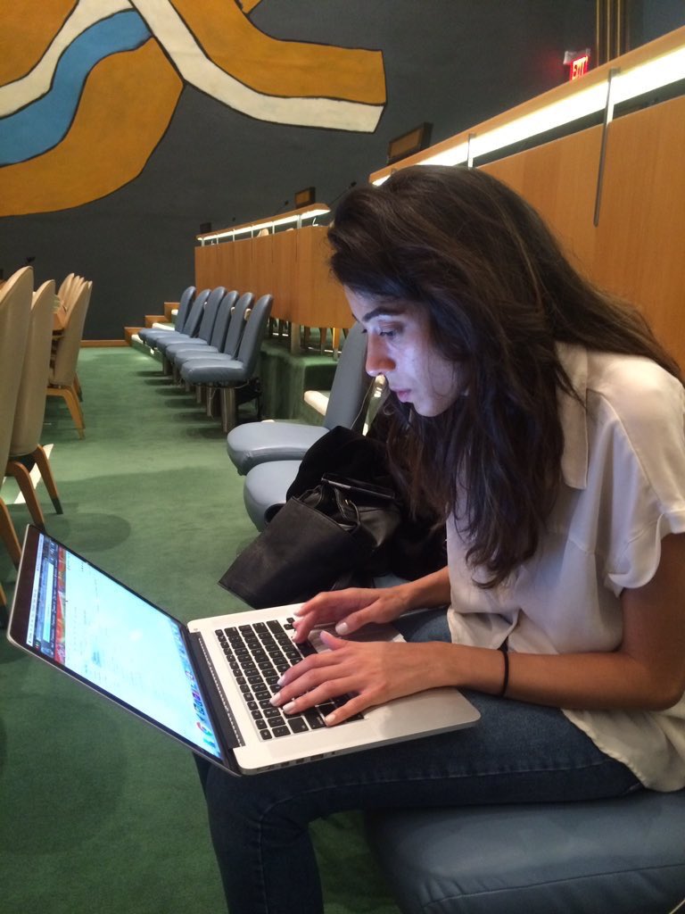 OPride's tweet image. .@AJStream producer @raisazaidi preppin' for Tuesday's #AJUNDebate at the @UN General Assembly Hall. #NextSG