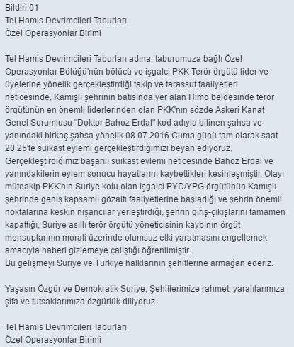 kalafatsaban's tweet photo. Neden #suriyelilereevet PKKlı Bahoz Erdal Kod adlı Fehman Hüseyin'i öldüren Suriyeli direnişçi grub #TelHamis beyanı https://t.co/oKcwL7pVNj
