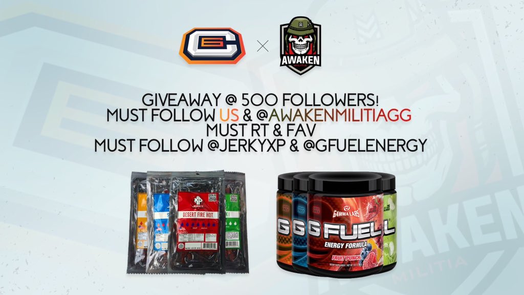 AwakenMilitia's tweet image. We've teamed up with @OfficialCarbon6 to bring you an awesome @JerkyXP &amp;amp; @GFuelEnergy giveaway!

RT &amp;amp; Follow to Win!