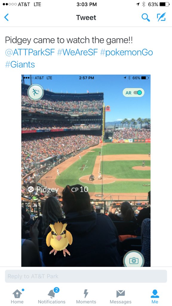 tmurr504's tweet photo. Pidgey came to watch the game!! #ATTPark #WeAreSF #pokemonGo #Giants https://t.co/wdFCf4DjiN