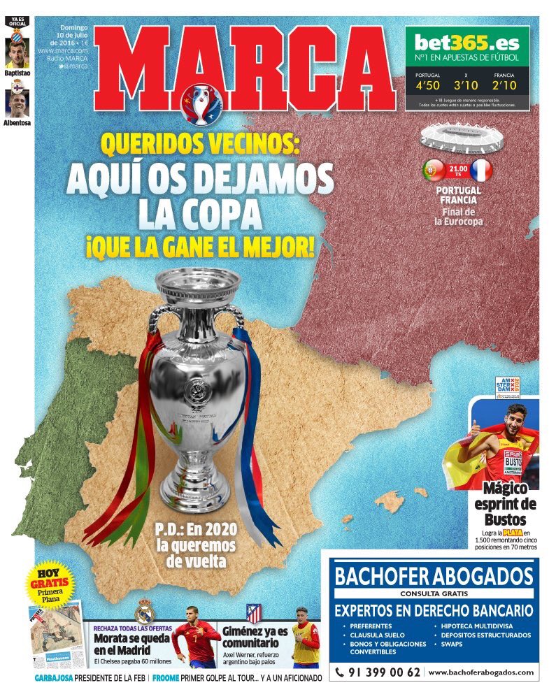 fredhermel's tweet photo. Chers voisins, ici on vous laisse la coupe. Que meilleur gagne!
Sympa la "une" de Marca. https://t.co/qR2EwHtIFU