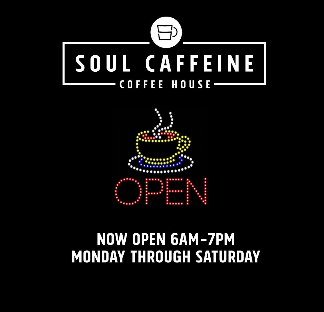 soul_caffeine's tweet photo. We have great news...we're extending our hours! Soul Caffeine will now be open 6am-7pm Monday through Saturday. https://t.co/3H9ECL9S4O