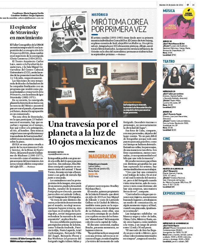 Mañana en el <a href="/ElFinanciero_Mx/">El Financiero</a> Una travesía x el planeta a la luz d 10 ojos mexicanos. Expo jue 19:30 <a href="/LatitudGallery/">Latitud Gallery</a>