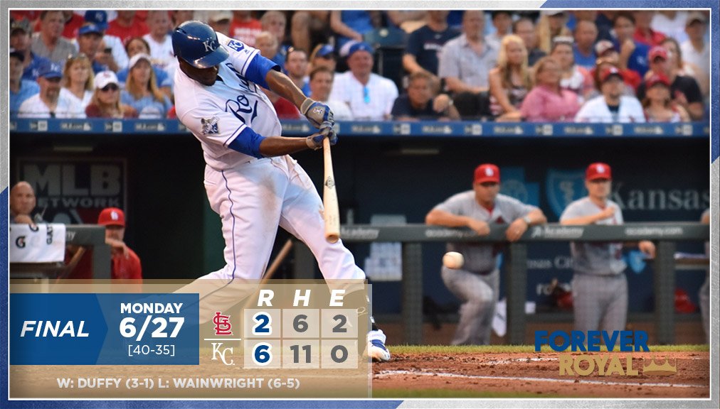 Royals's tweet photo. RECAP: Offense comes out swinging as #Royals take Game One of I-70 Series vs Cardinals: https://t.co/LbM6GXVb25 https://t.co/rNpZldhI8K