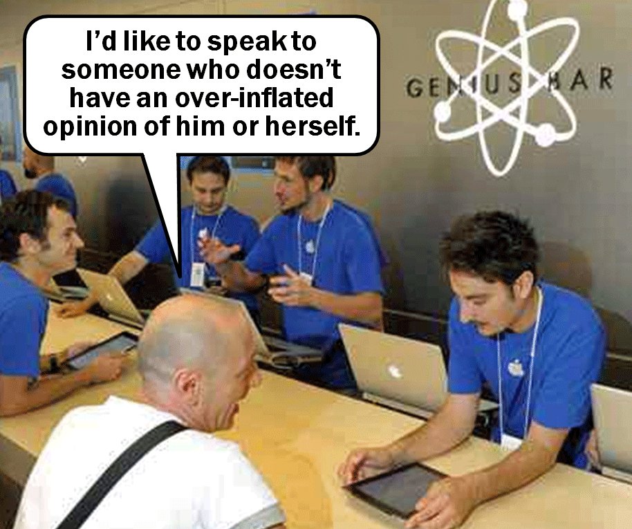 donmcmillan's tweet photo. Does anybody else see iArrogance in the term "Genius Bar"? #iFanatic @RoosterTF @bobandtom @nerdist #Apple https://t.co/xxm9CnMUh7